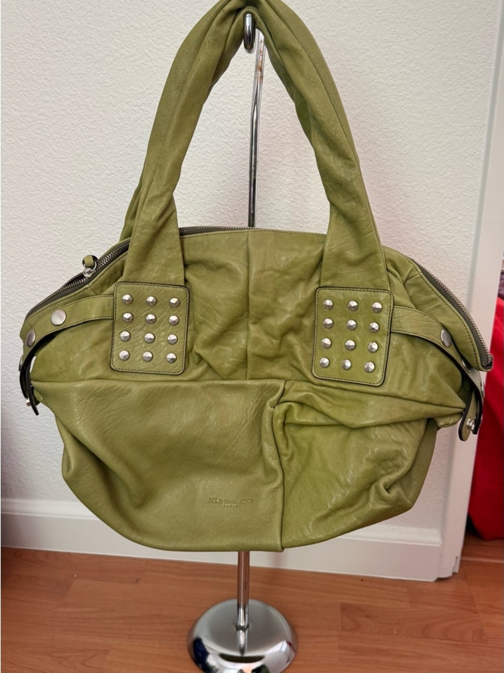 Olive Green Studded Leather Shoulder Bag